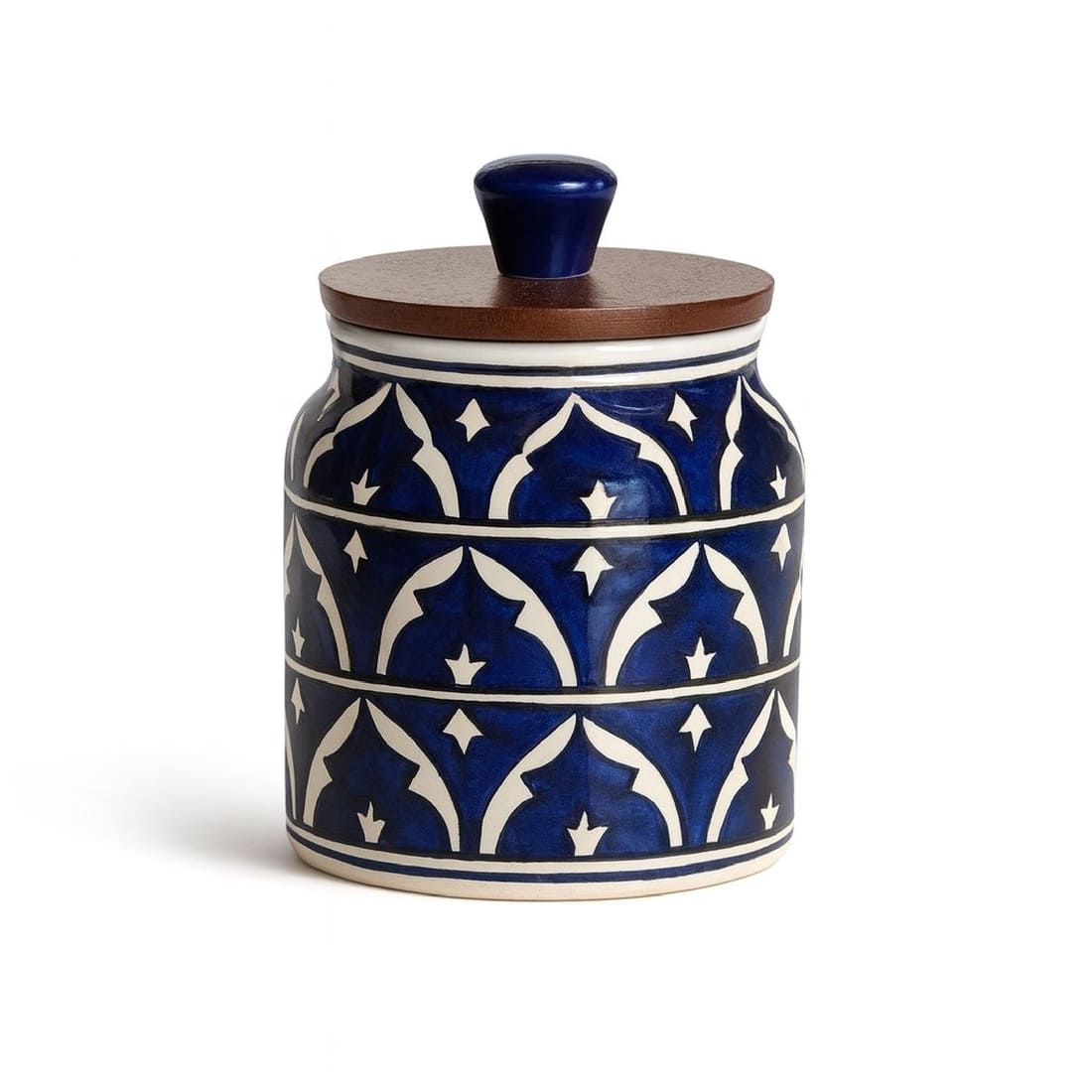 Blue Ceramic Kitchen Storage Jar with Wooden Airtight Lid | Handcrafted Decorative Container for Pickle, Spices, Snacks & Dry Fruits