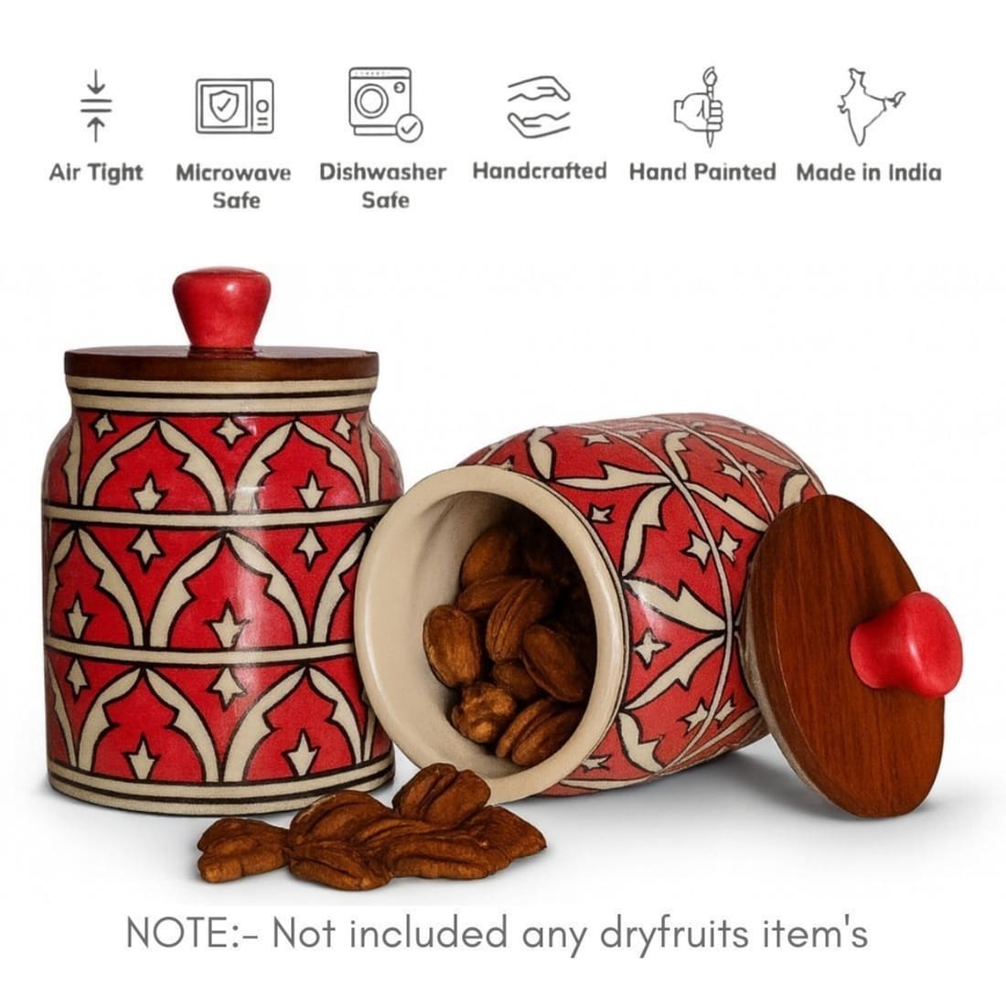 Red Ceramic Kitchen Storage Jar with Wooden Airtight Lid | Handpainted Decorative Container for Pickle, Spices, Snacks & Dry Fruits
