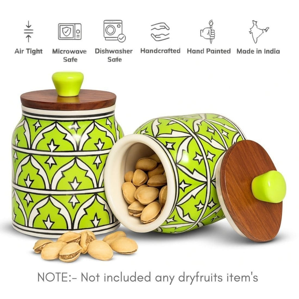 Handcrafted Ceramic Kitchen Storage Jar with Wooden Airtight Lid – Decorative Container for Pickle, Spices, Snacks & Dry Fruits