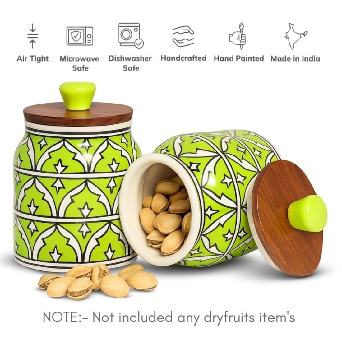 Handcrafted Ceramic Kitchen Storage Jar with Wooden Airtight Lid – Decorative Container for Pickle, Spices, Snacks & Dry Fruits