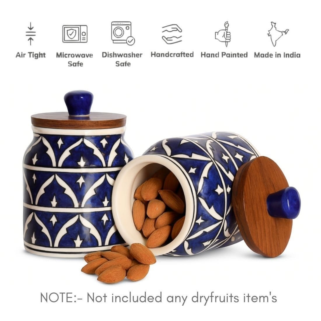 Blue Ceramic Kitchen Storage Jar with Wooden Airtight Lid | Handcrafted Decorative Container for Pickle, Spices, Snacks & Dry Fruits