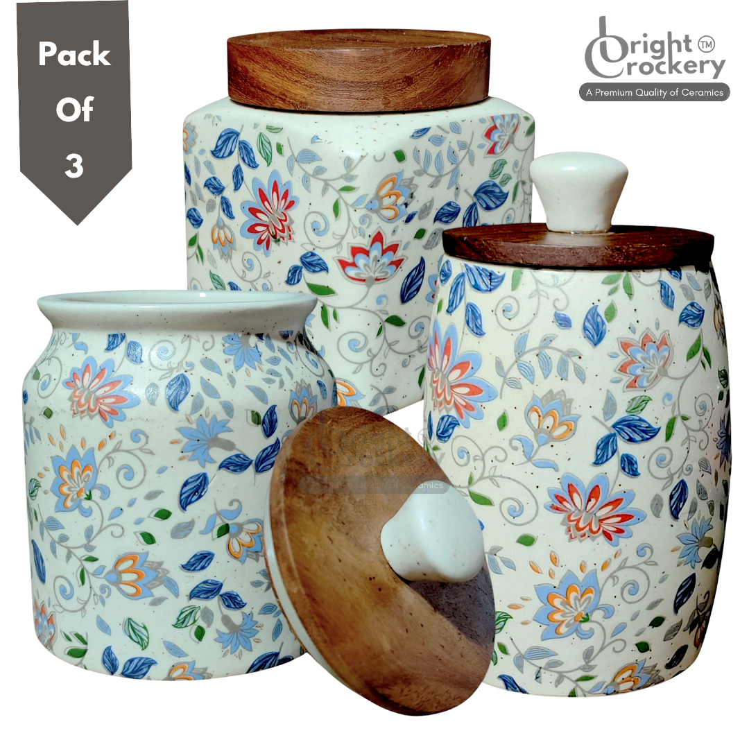 Ceramic Kitchen Jar for Sugar, Tea & Coffee – Airtight Food Storage Container ( Pack Of 3 )