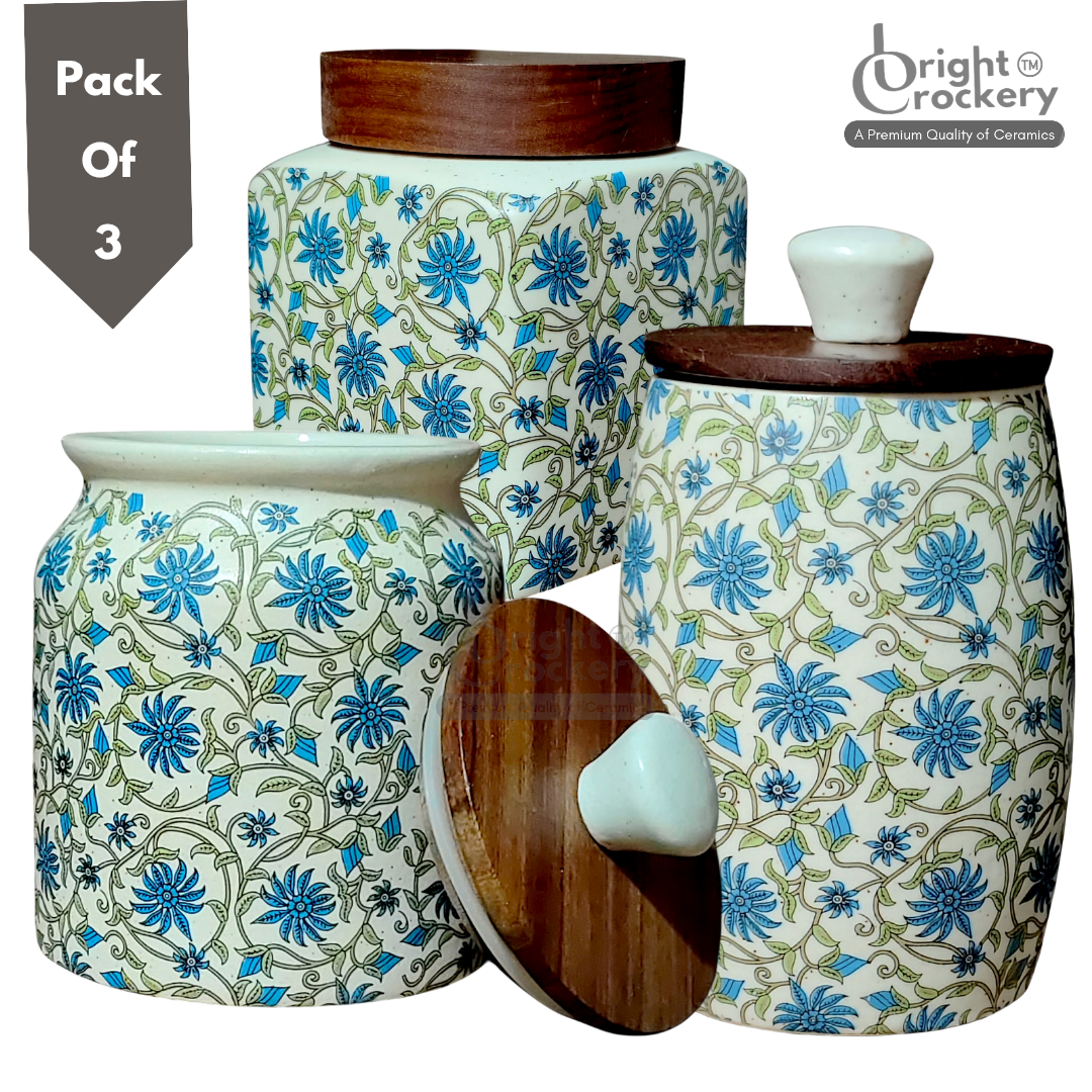 Airtight Ceramic Storage Jar with Wooden Lid – Stylish Kitchen Container ( Pack Of 3 )