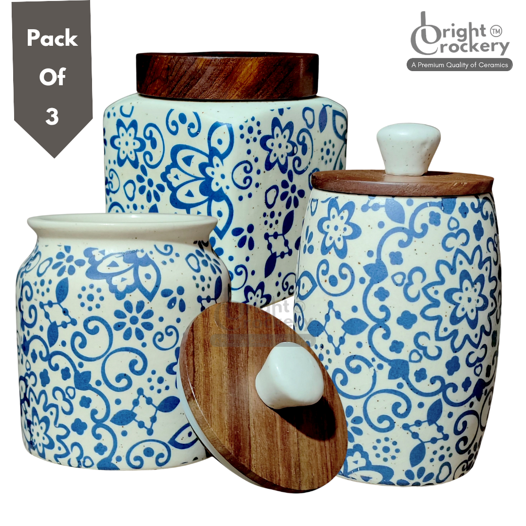 Premium Ceramic Food Storage Jar for Kitchen – Airtight Container with Lid ( Pack Of 3 ) Blue