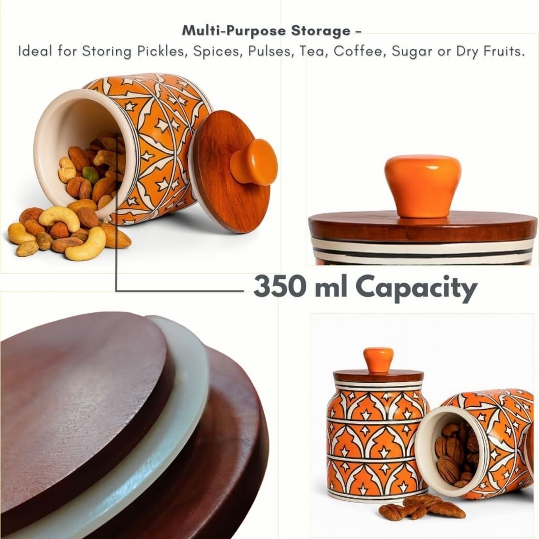 Handcrafted Orange Ceramic Storage Jar with Wooden Airtight Lid | Decorative Kitchen Container for Pickle, Spices, Snacks & Dry Fruits