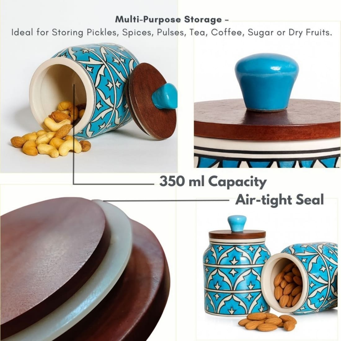 Handcrafted Blue Ceramic Storage Jar with Wooden Lid | Airtight Kitchen Container for Pickle, Spices, Snacks & Dry Fruits