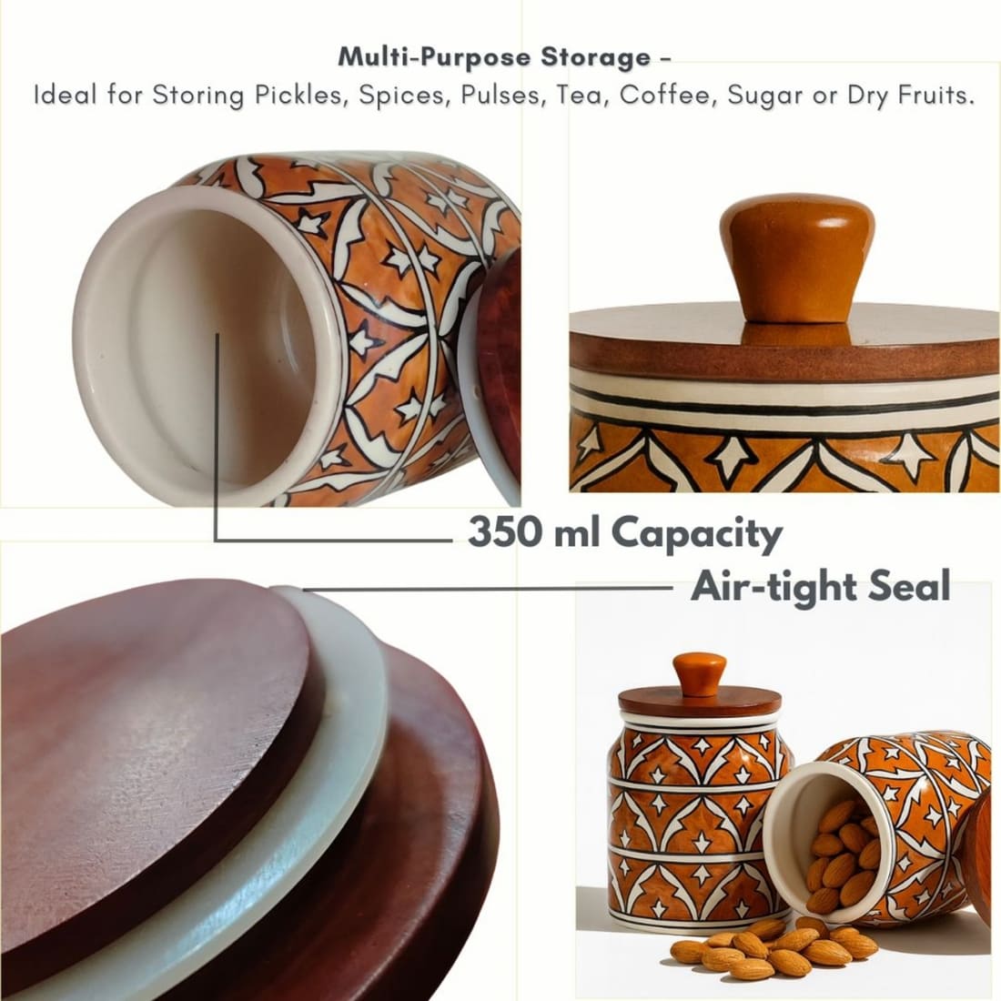 Brown Handpainted Ceramic Kitchen Storage Jar with Wooden Airtight Lid | Decorative Container for Pickle, Spices, Snacks & Dry Fruits