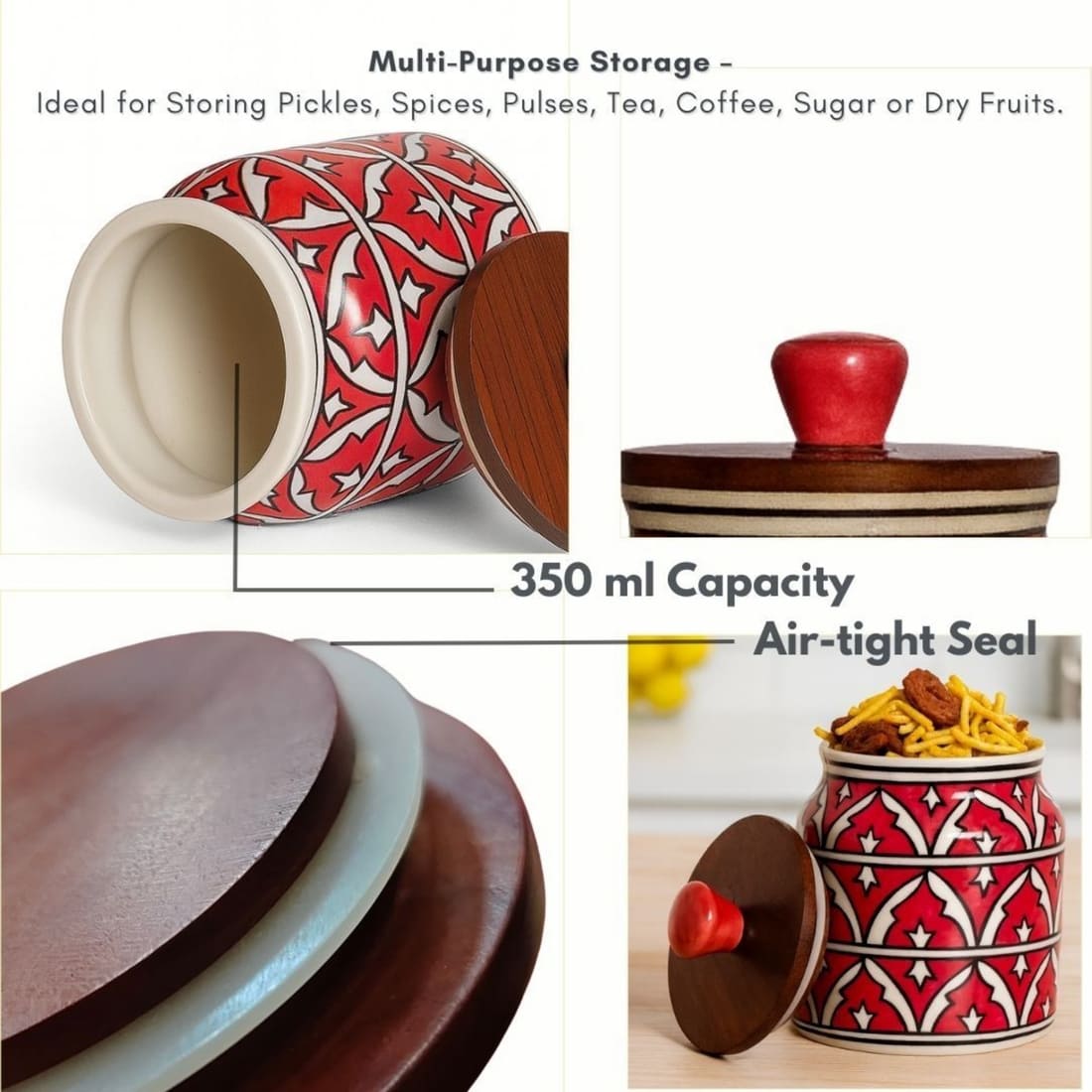 Red Ceramic Kitchen Storage Jar with Wooden Airtight Lid | Handpainted Decorative Container for Pickle, Spices, Snacks & Dry Fruits