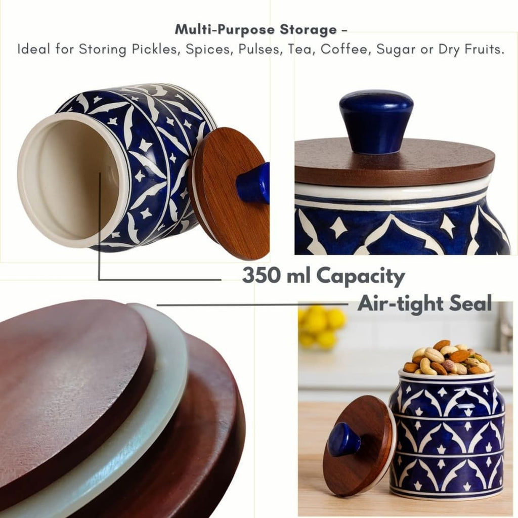 Blue Ceramic Kitchen Storage Jar with Wooden Airtight Lid | Handcrafted Decorative Container for Pickle, Spices, Snacks & Dry Fruits