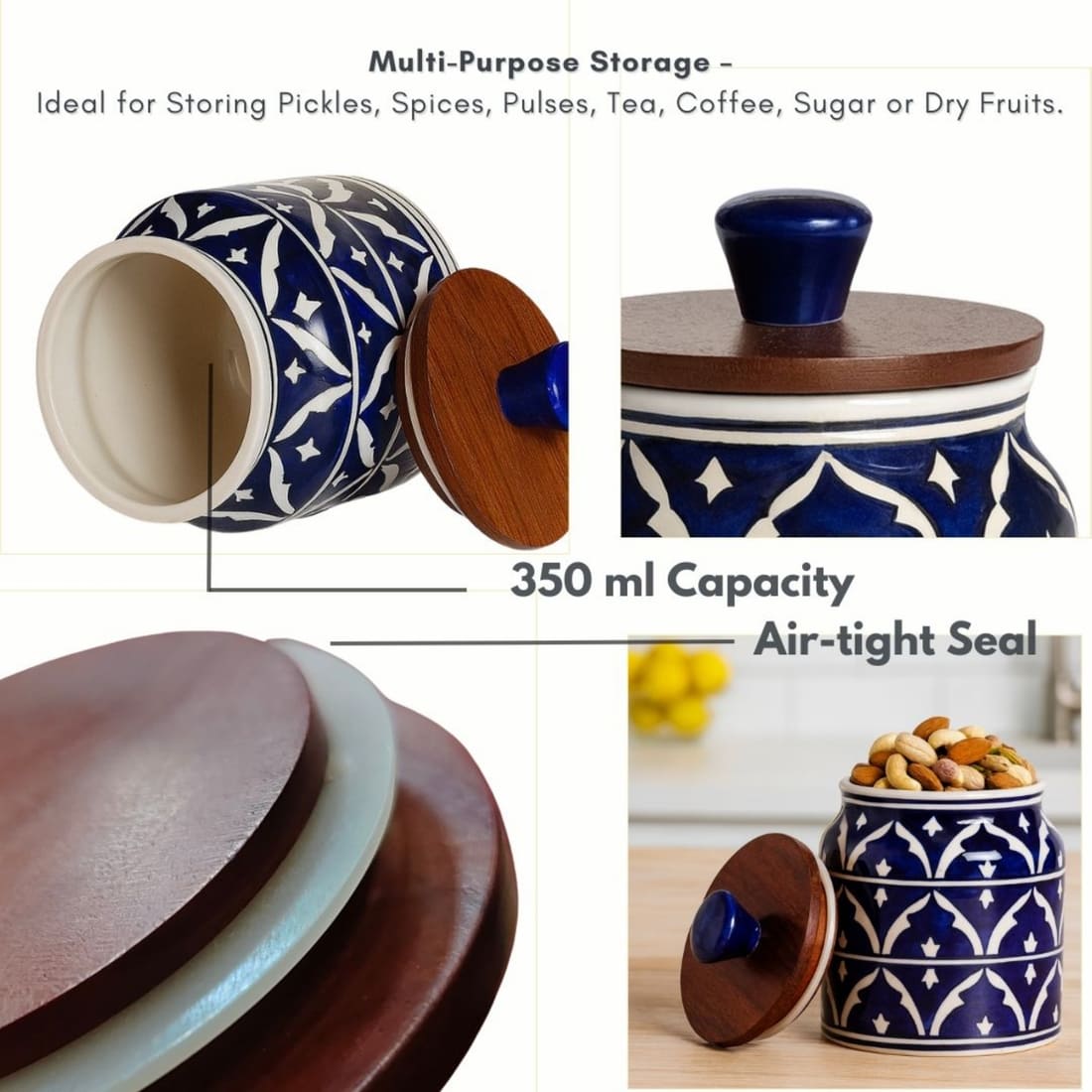 Blue Ceramic Kitchen Storage Jar with Wooden Airtight Lid | Handcrafted Decorative Container for Pickle, Spices, Snacks & Dry Fruits