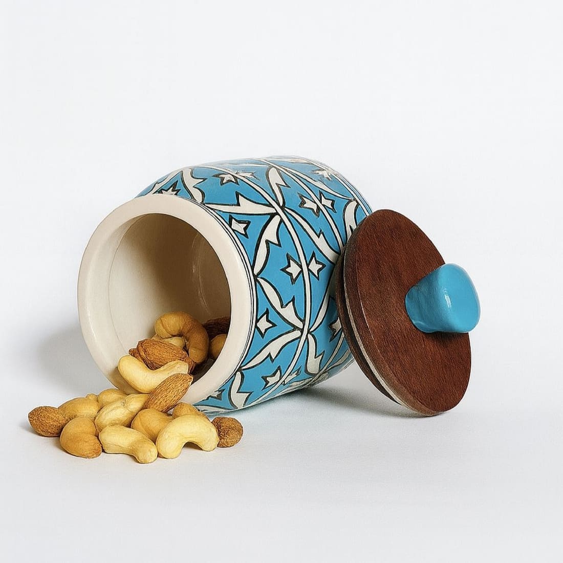 Handcrafted Blue Ceramic Storage Jar with Wooden Lid | Airtight Kitchen Container for Pickle, Spices, Snacks & Dry Fruits