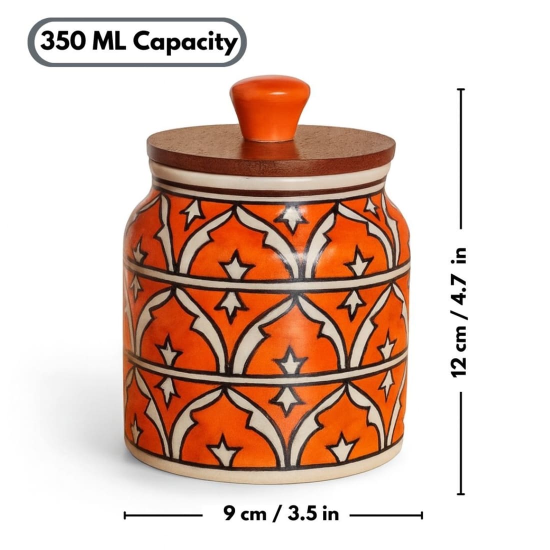 Handcrafted Orange Ceramic Storage Jar with Wooden Airtight Lid | Decorative Kitchen Container for Pickle, Spices, Snacks & Dry Fruits