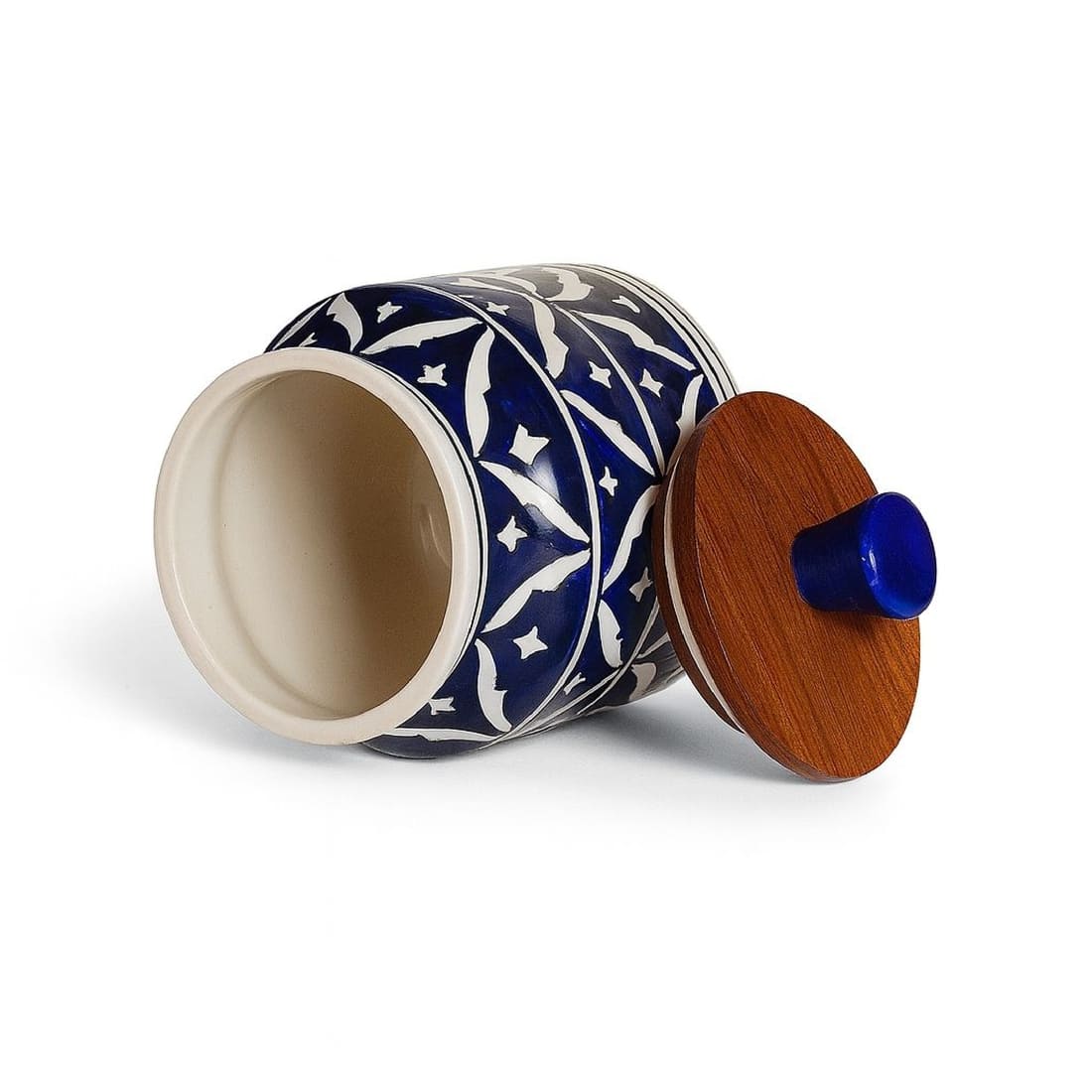 Blue Ceramic Kitchen Storage Jar with Wooden Airtight Lid | Handcrafted Decorative Container for Pickle, Spices, Snacks & Dry Fruits