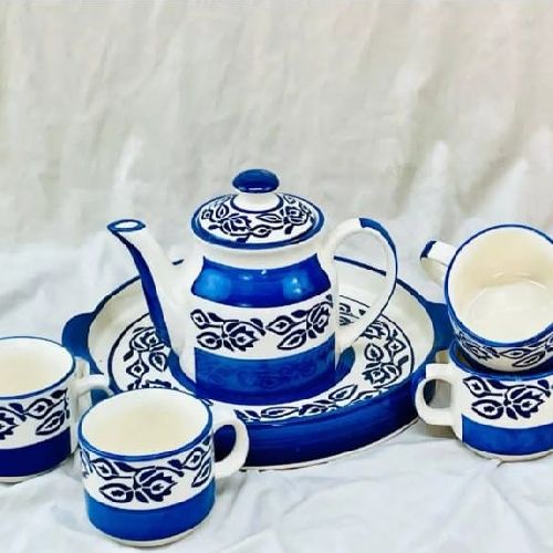Tea Cup Set with Kettle & Serving Tray Ceramic