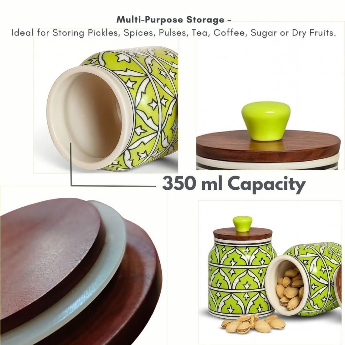 Handcrafted Ceramic Kitchen Storage Jar with Wooden Airtight Lid – Decorative Container for Pickle, Spices, Snacks & Dry Fruits