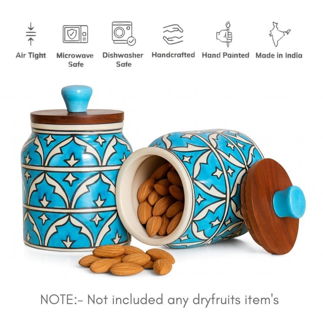 Handcrafted Blue Ceramic Storage Jar with Wooden Lid | Airtight Kitchen Container for Pickle, Spices, Snacks & Dry Fruits