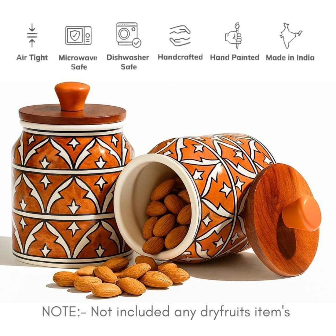 Brown Handpainted Ceramic Kitchen Storage Jar with Wooden Airtight Lid | Decorative Container for Pickle, Spices, Snacks & Dry Fruits