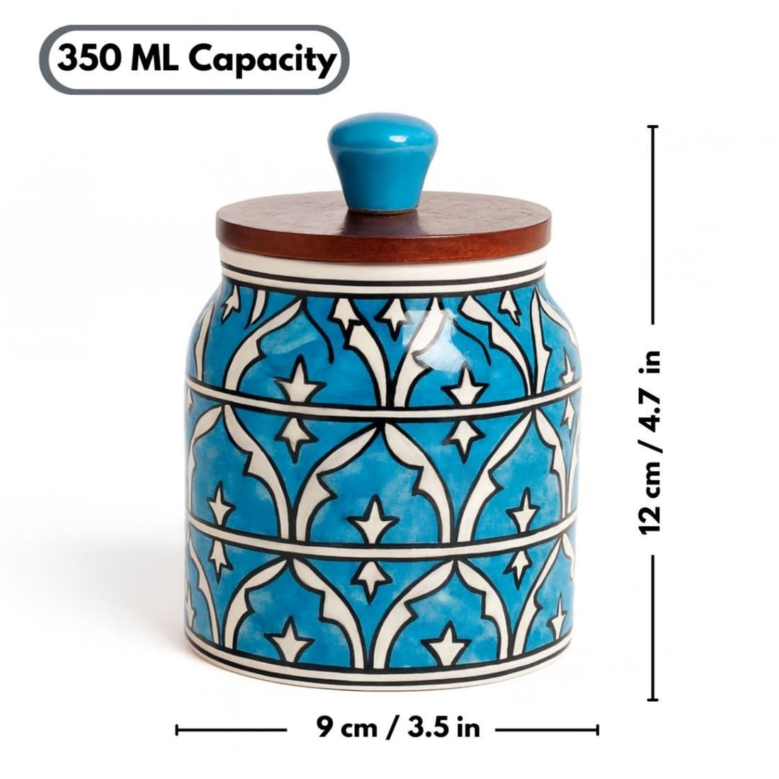 Handcrafted Blue Ceramic Storage Jar with Wooden Lid | Airtight Kitchen Container for Pickle, Spices, Snacks & Dry Fruits