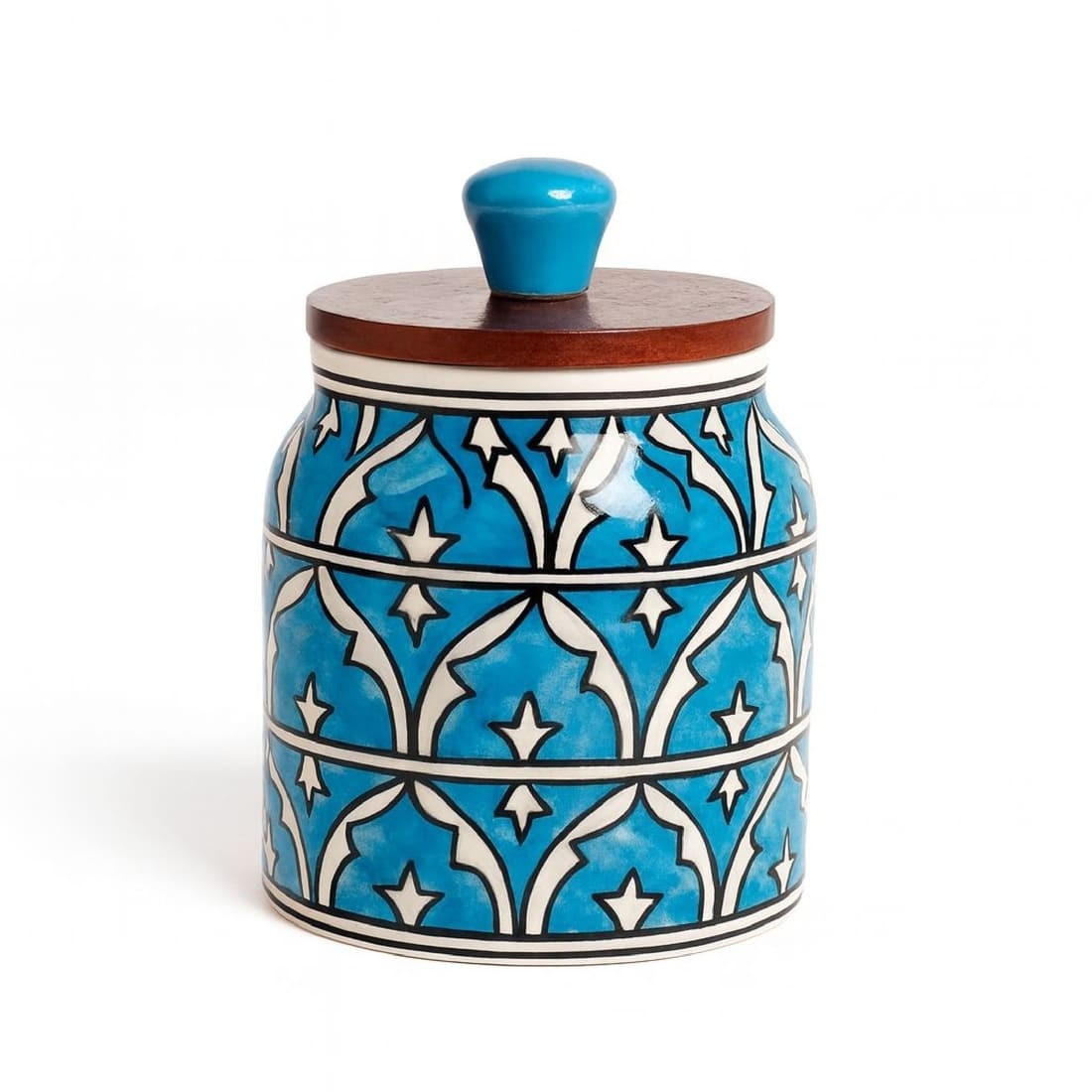 Handcrafted Blue Ceramic Storage Jar with Wooden Lid | Airtight Kitchen Container for Pickle, Spices, Snacks & Dry Fruits