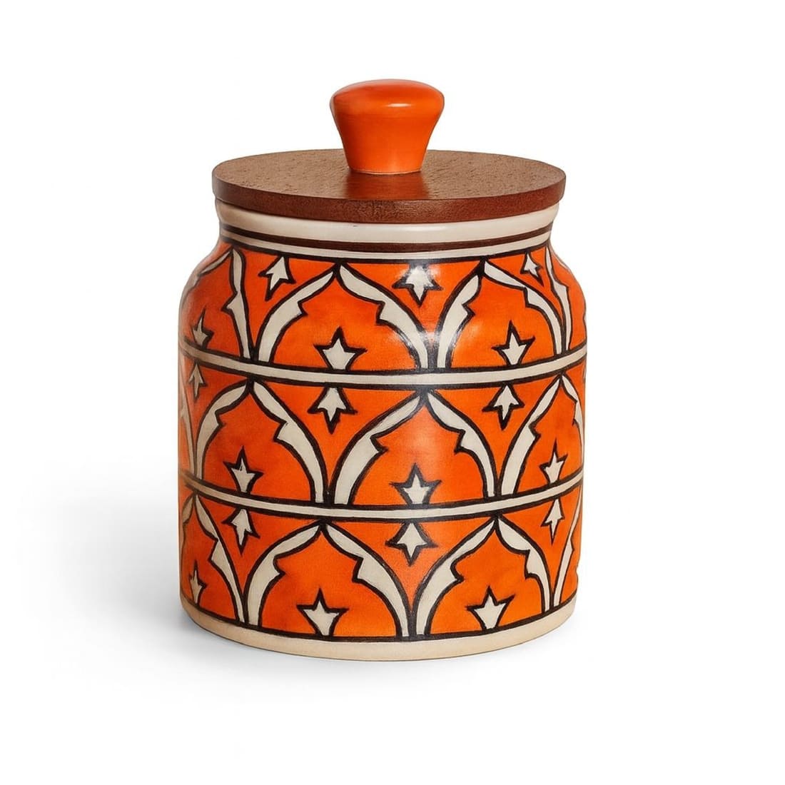 Handcrafted Orange Ceramic Storage Jar with Wooden Airtight Lid | Decorative Kitchen Container for Pickle, Spices, Snacks & Dry Fruits