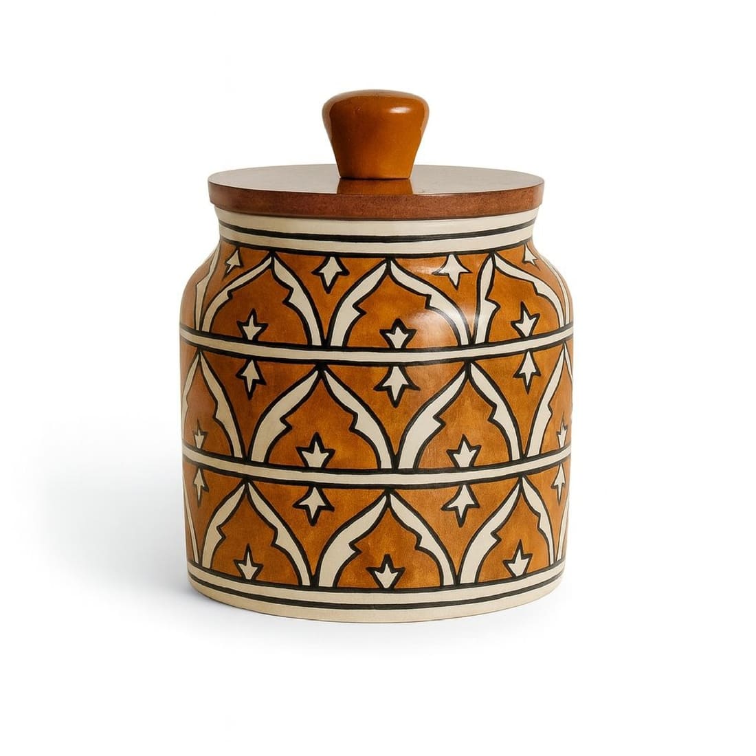 handcrafted, orange ceramic jar, storage jar, wooden lid, airtight
