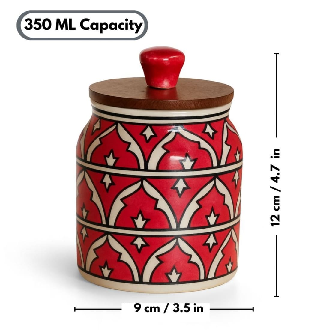 Red Ceramic Kitchen Storage Jar with Wooden Airtight Lid | Handpainted Decorative Container for Pickle, Spices, Snacks & Dry Fruits
