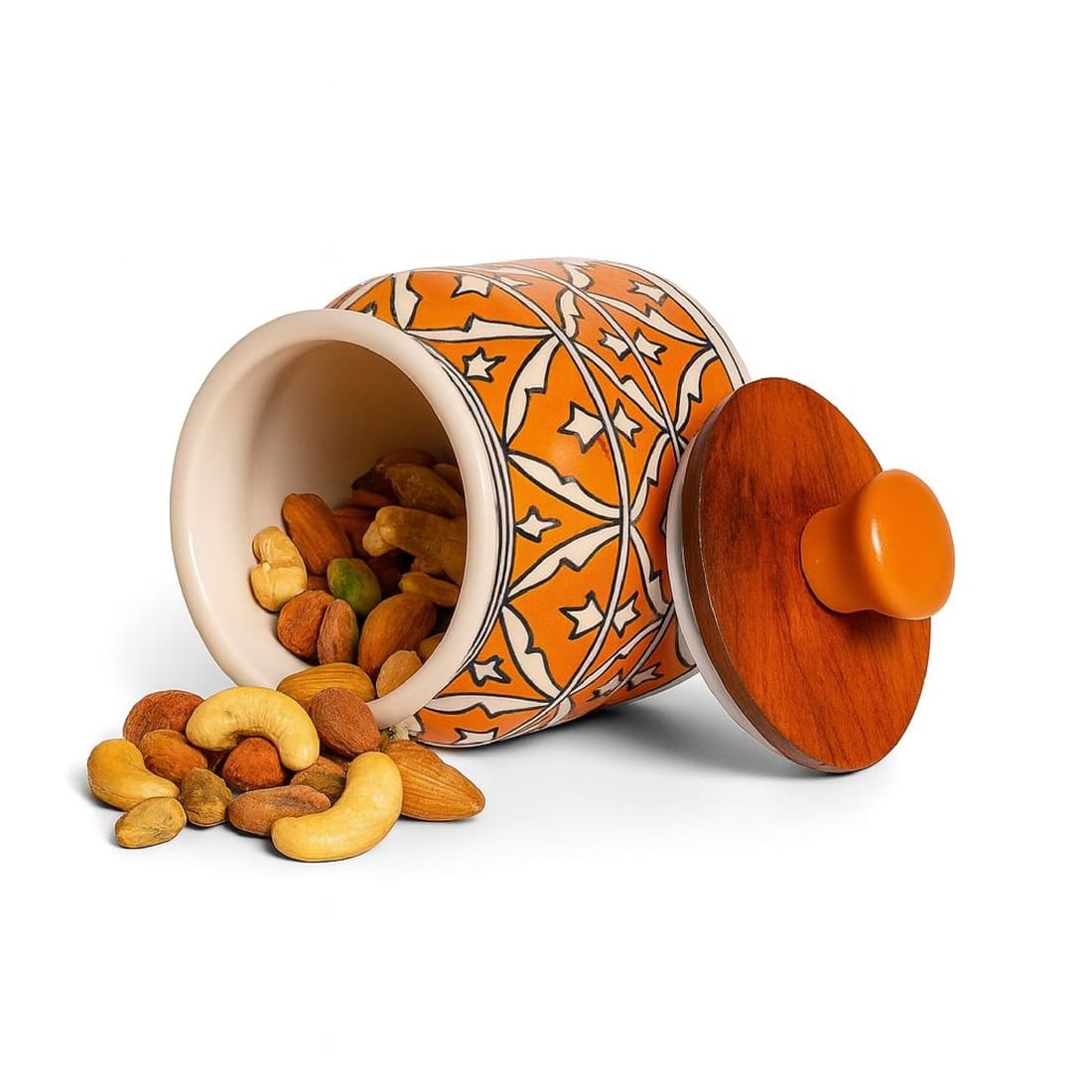 Handcrafted Orange Ceramic Storage Jar with Wooden Airtight Lid | Decorative Kitchen Container for Pickle, Spices, Snacks & Dry Fruits