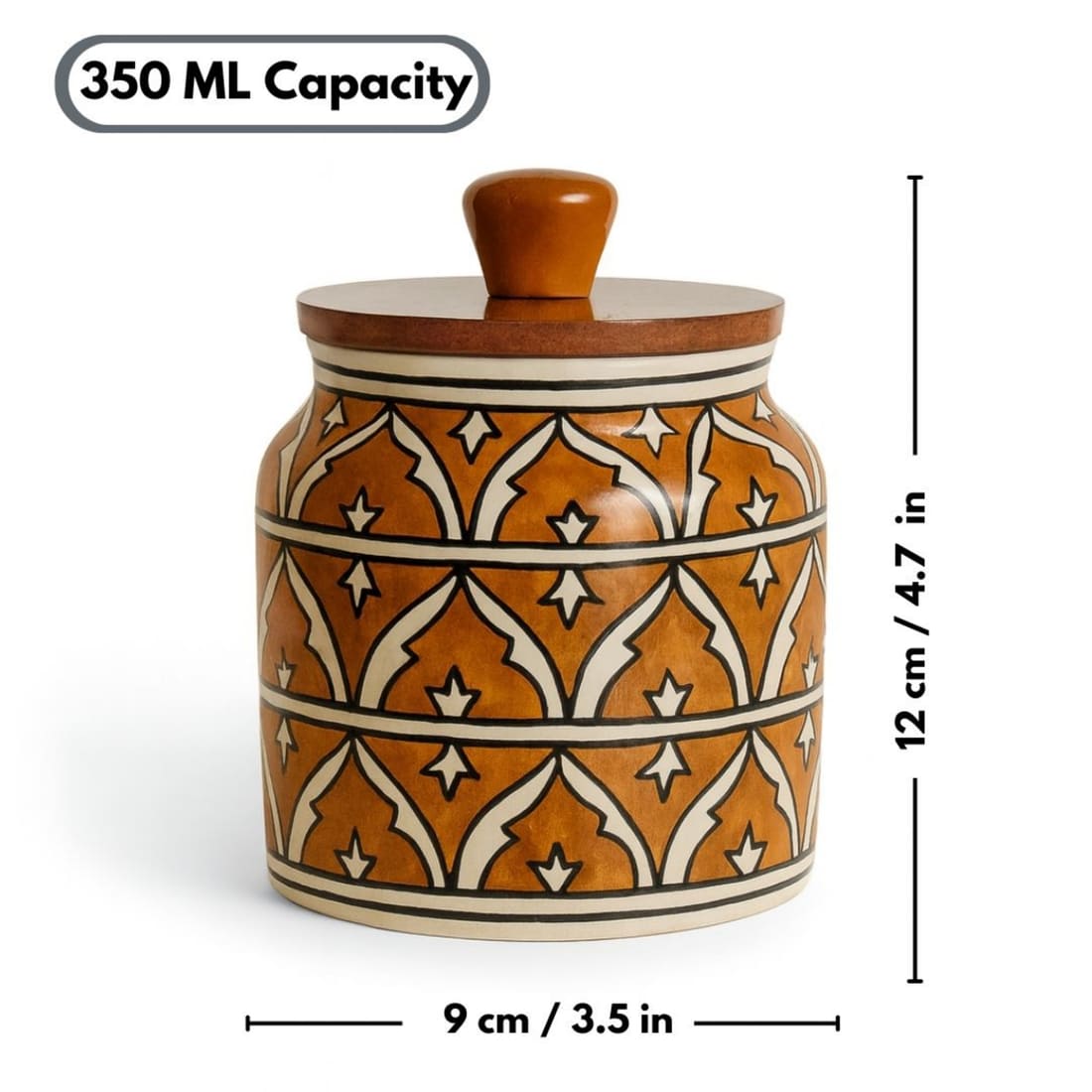 Brown Handpainted Ceramic Kitchen Storage Jar with Wooden Airtight Lid | Decorative Container for Pickle, Spices, Snacks & Dry Fruits