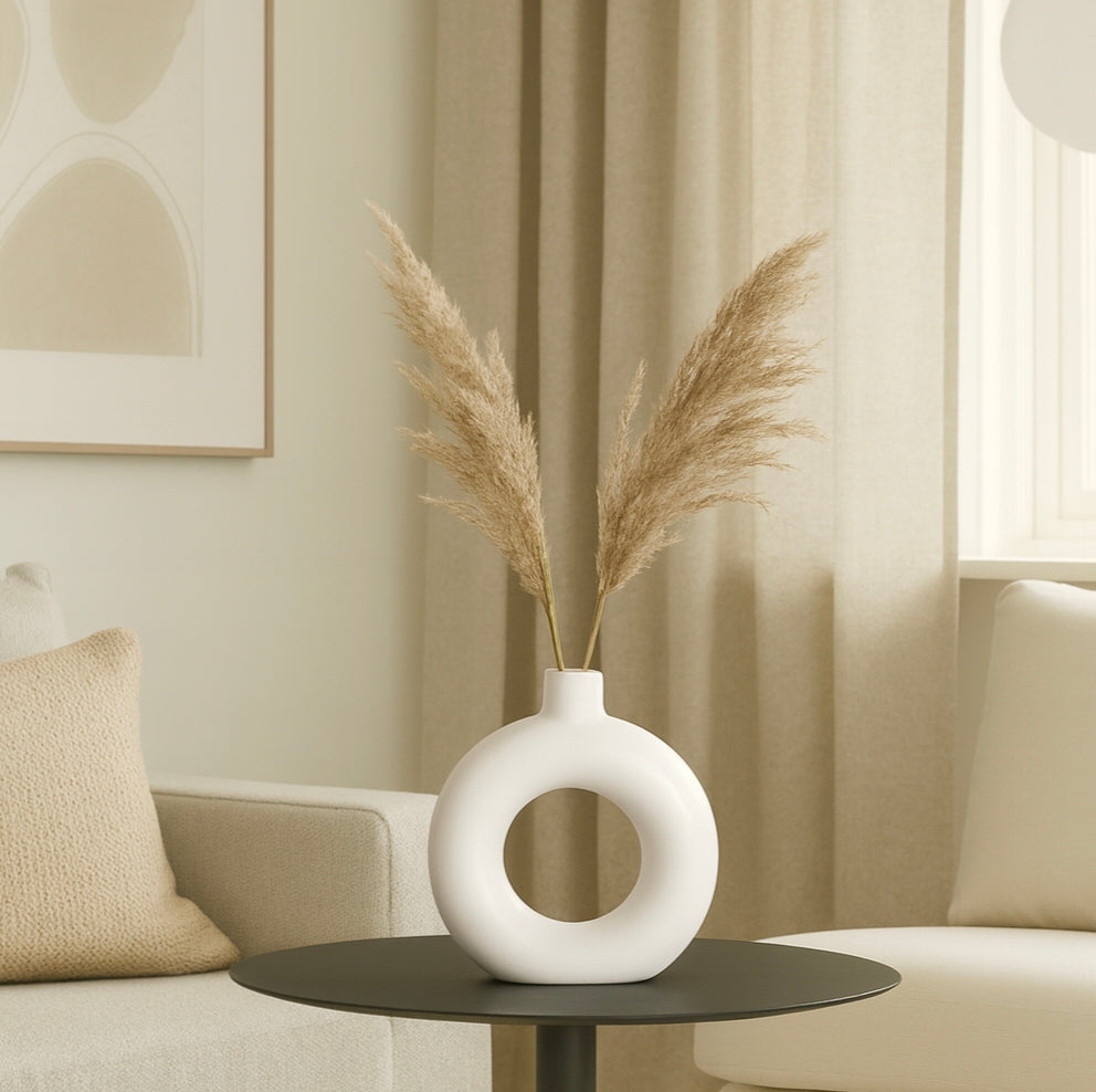 Ceramic Donut Vase 5 inches | Decorative Ring-Shaped Flower Vase for Pampas Grass & Artificial Flowers ( Pack Of 1 ) White