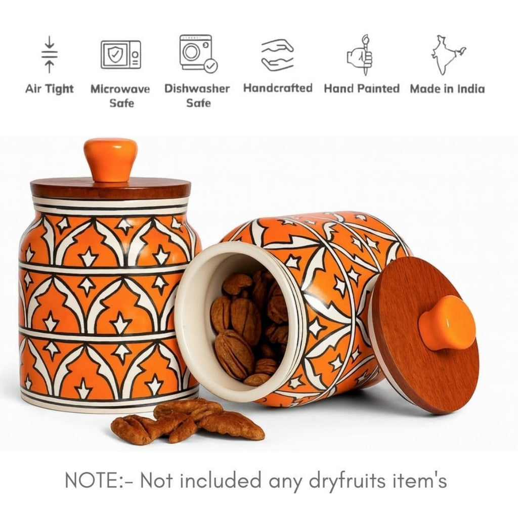 Handcrafted Orange Ceramic Storage Jar with Wooden Airtight Lid | Decorative Kitchen Container for Pickle, Spices, Snacks & Dry Fruits