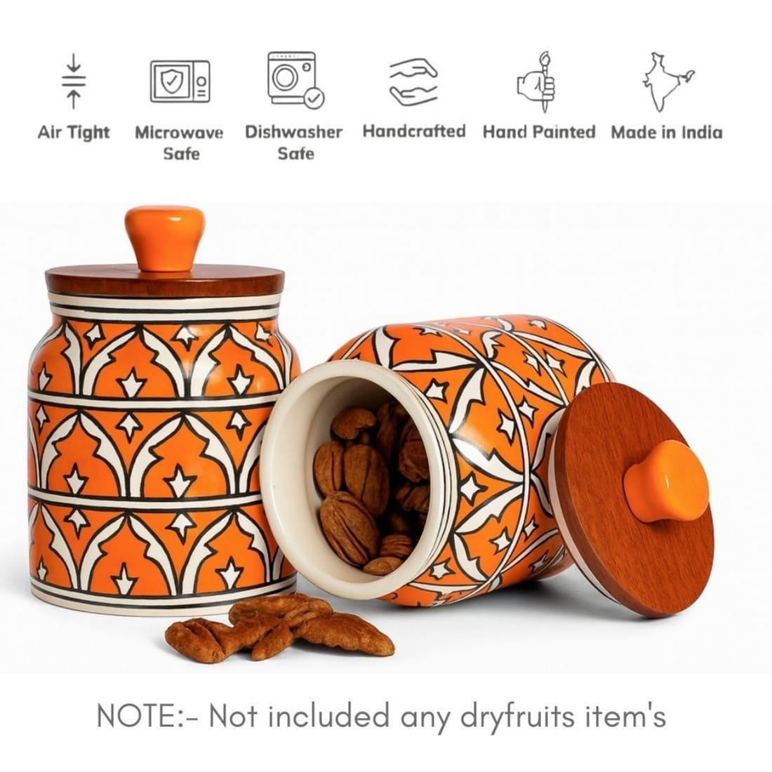 Handcrafted Orange Ceramic Storage Jar with Wooden Airtight Lid | Decorative Kitchen Container for Pickle, Spices, Snacks & Dry Fruits